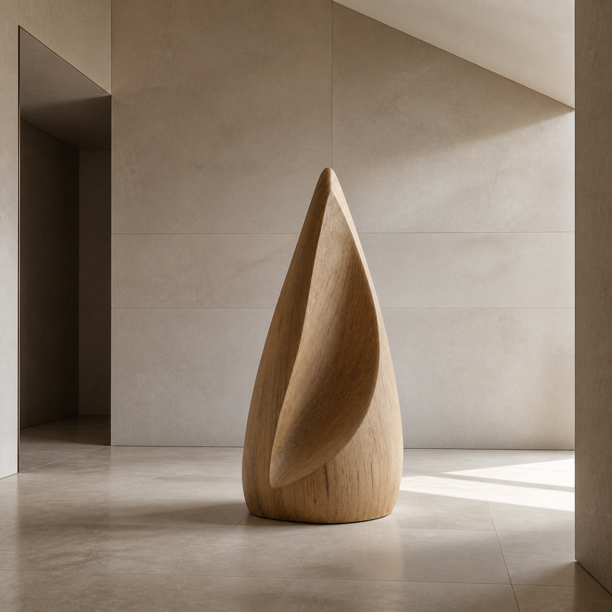 Folded Spire, teak wood floor sculpture — interior view