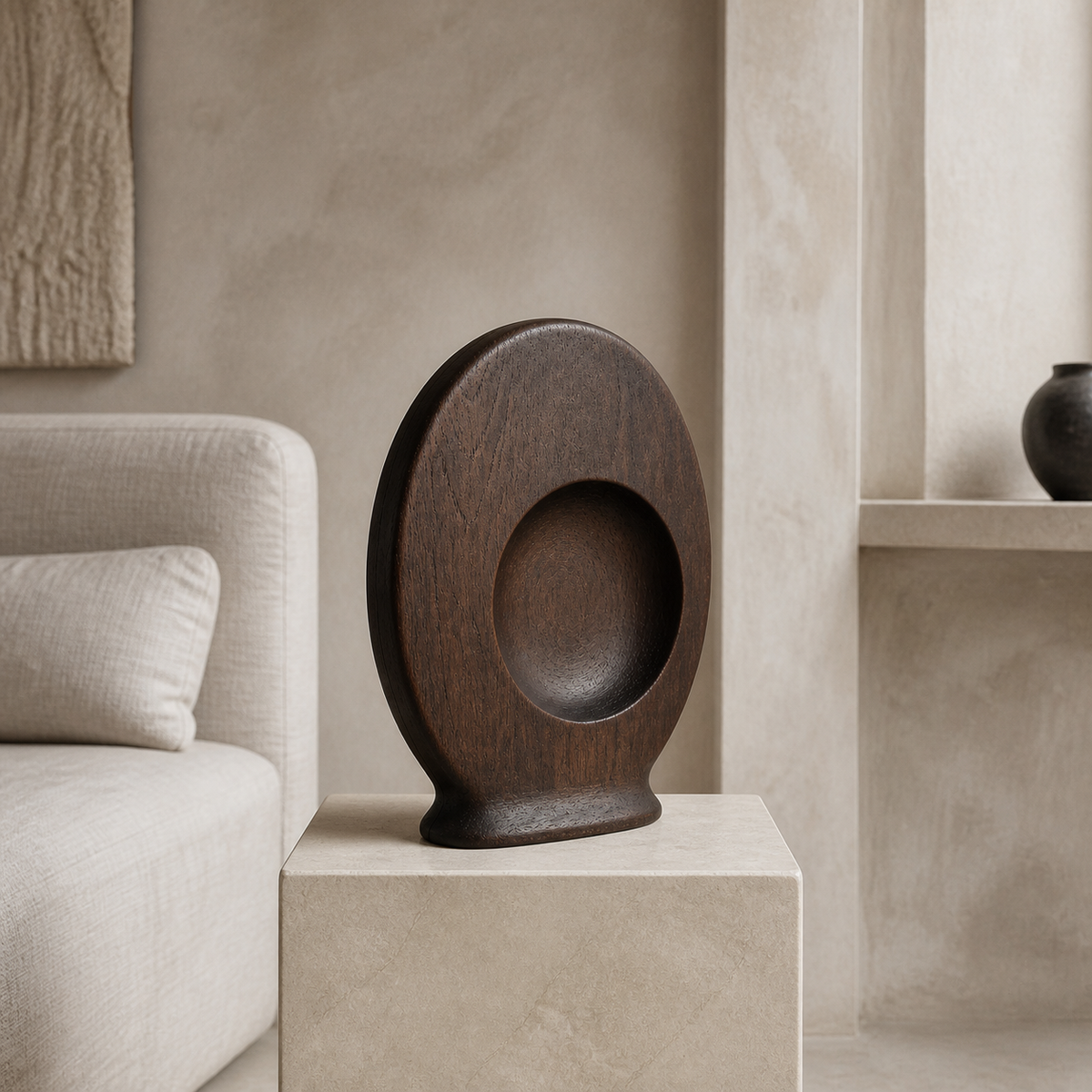 Pressed Orbit, abstract teak wood sculpture — interior view