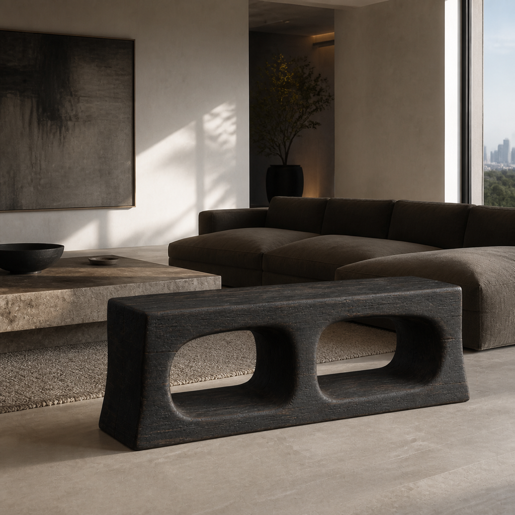 Cinder Span, teak wood console sculpture — interior view