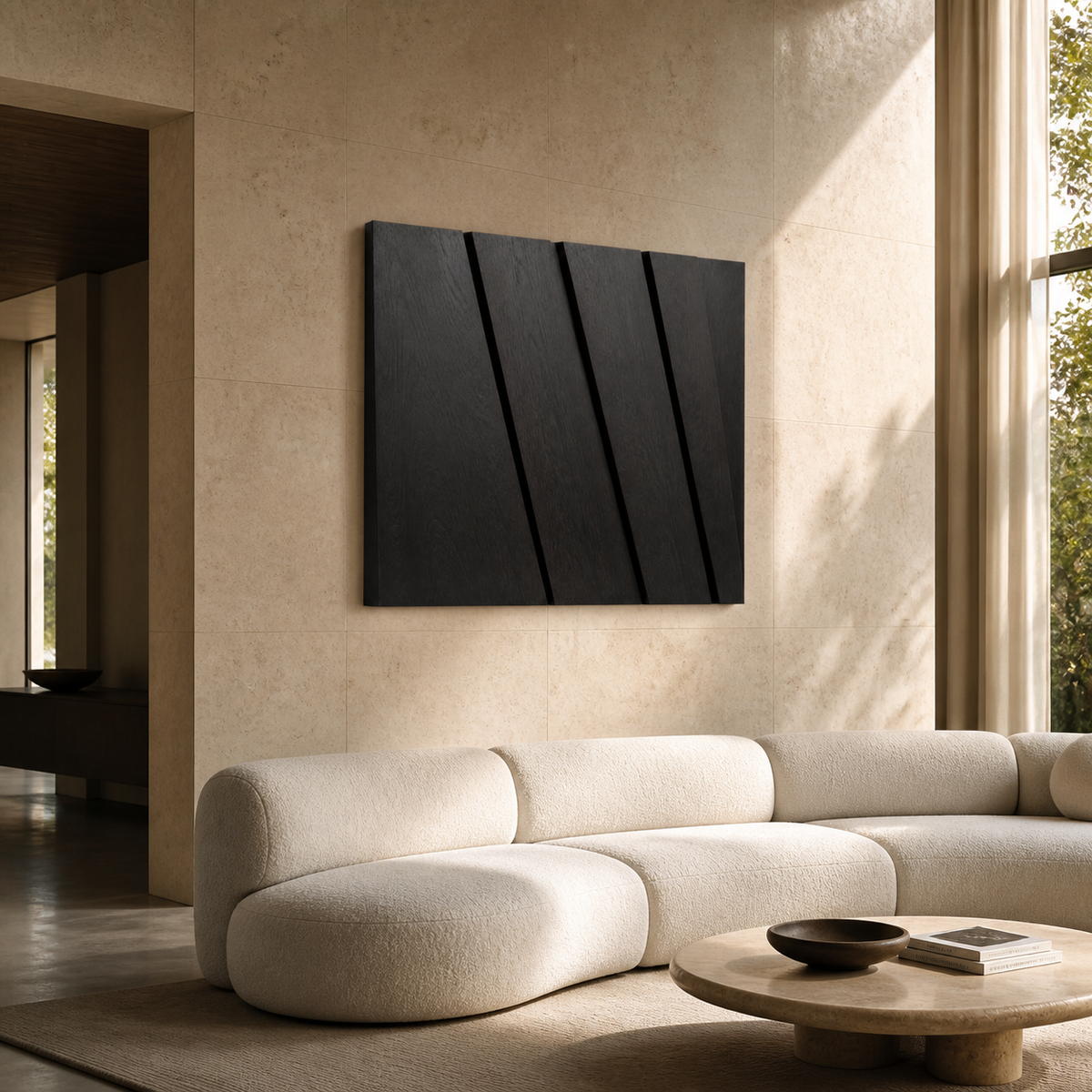 Fracture Field Relief, carved teak wood wall art — interior view
