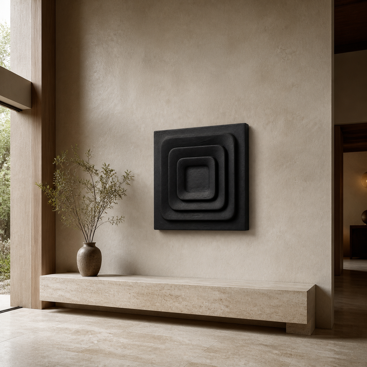 Tide Chamber Relief, carved teak wood wall art — interior view