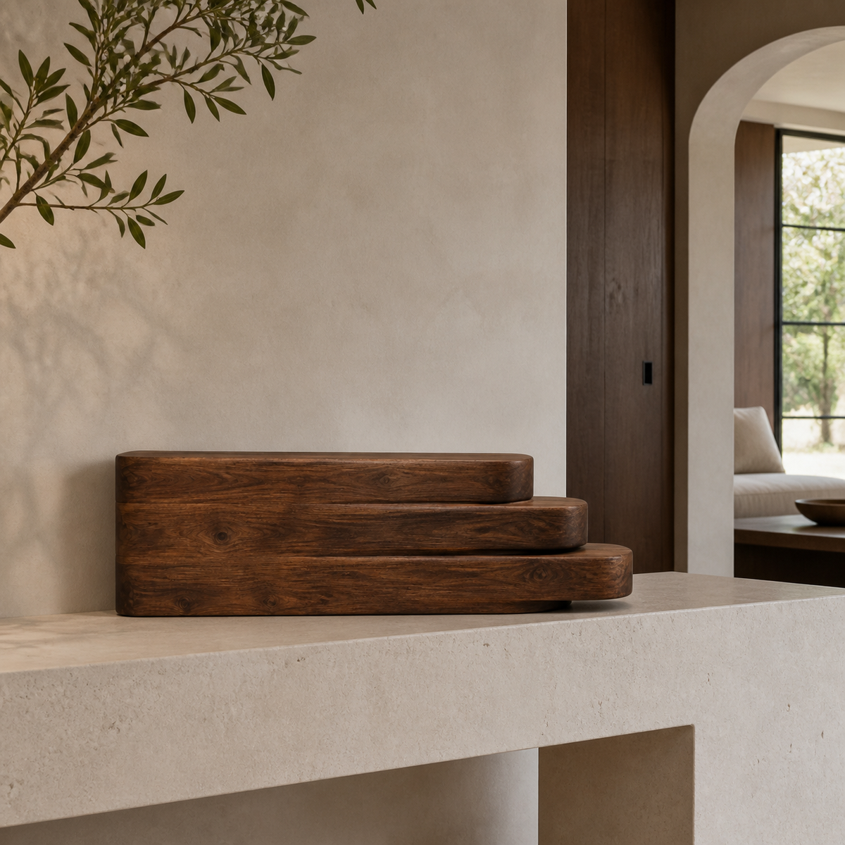 Layered Reach, teak wood console sculpture — interior view