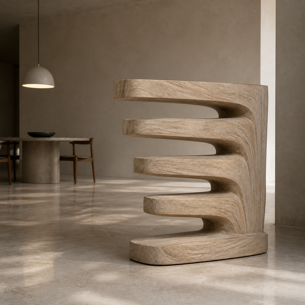 Descending Strata, teak wood floor sculpture — interior view