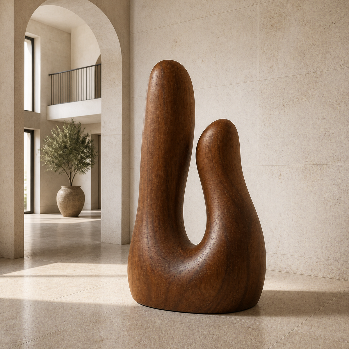 Paired Ascent, teak wood floor sculpture — interior view