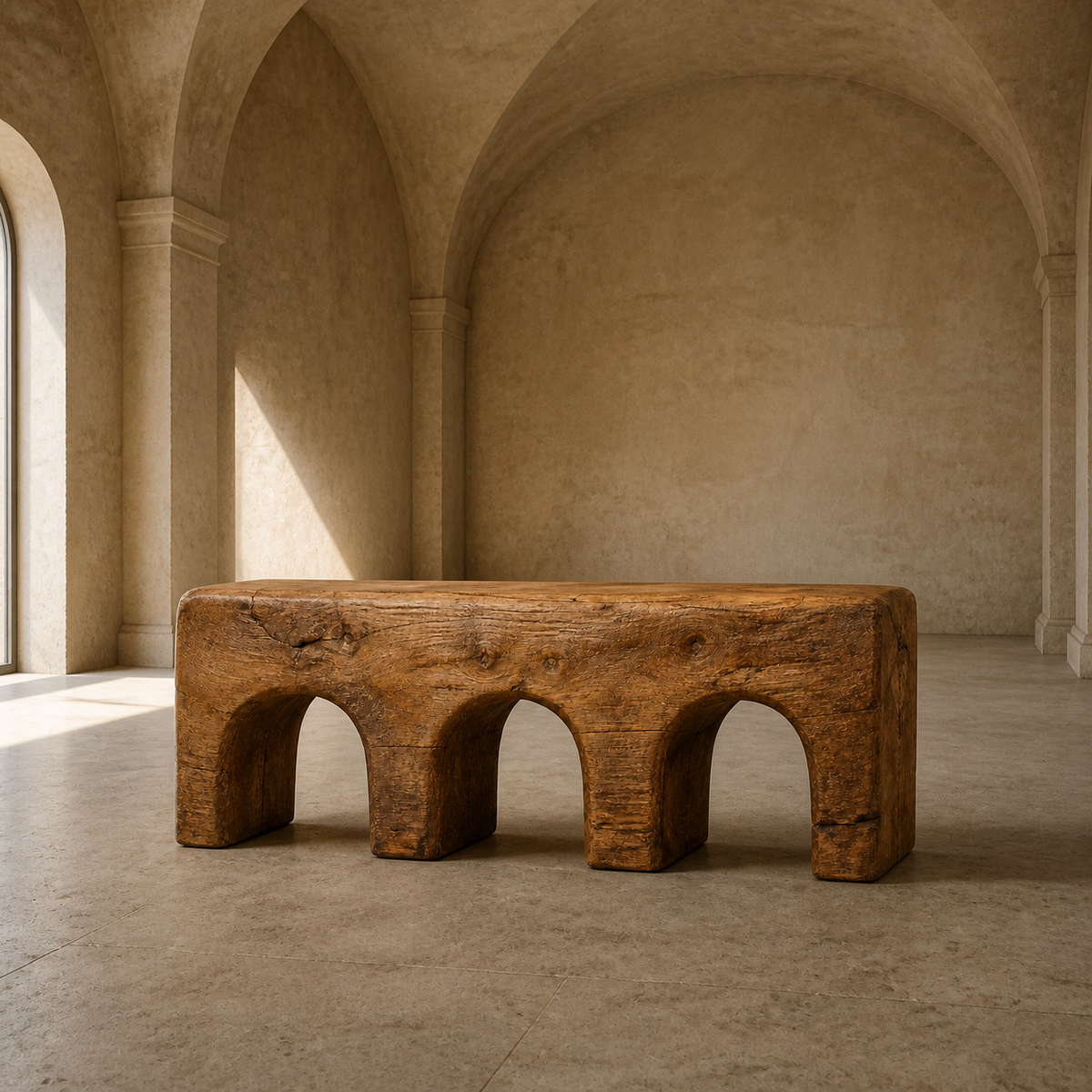 Triple Compression, teak wood console sculpture — interior view
