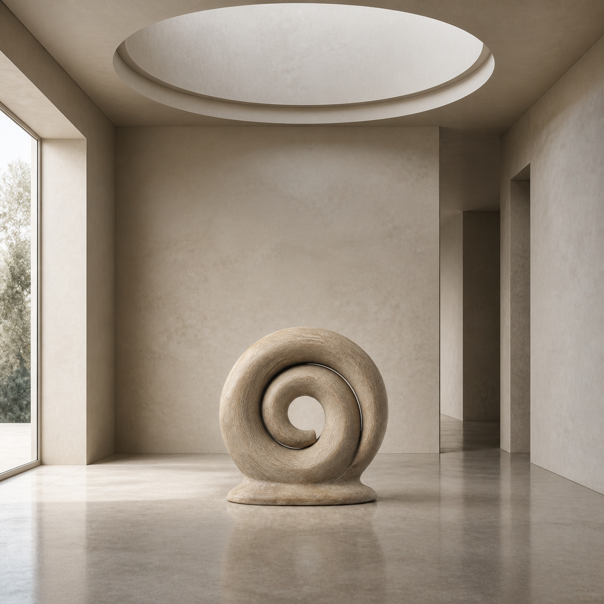 Quiet Coil, abstract teak wood sculpture — interior view