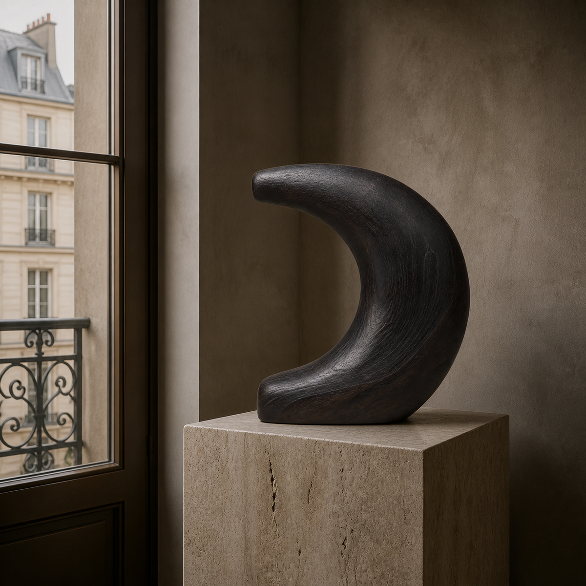 Cantilever Moon, abstract teak wood sculpture — interior view