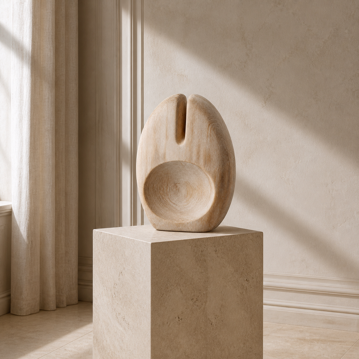 Split Vessel, abstract teak wood sculpture — interior view