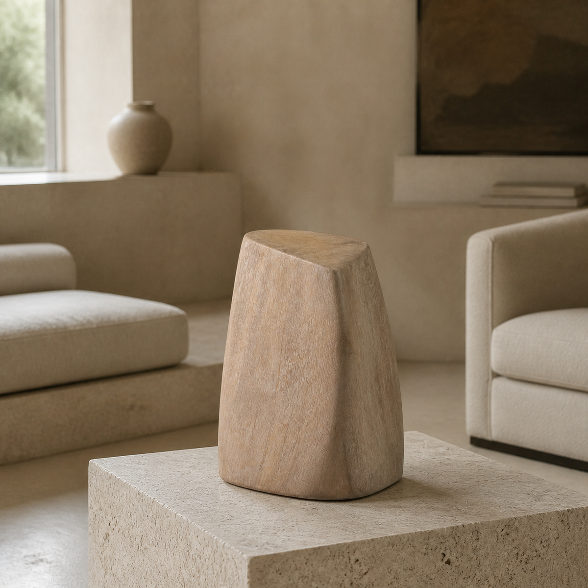 Soft Quoin, abstract teak wood sculpture — interior view