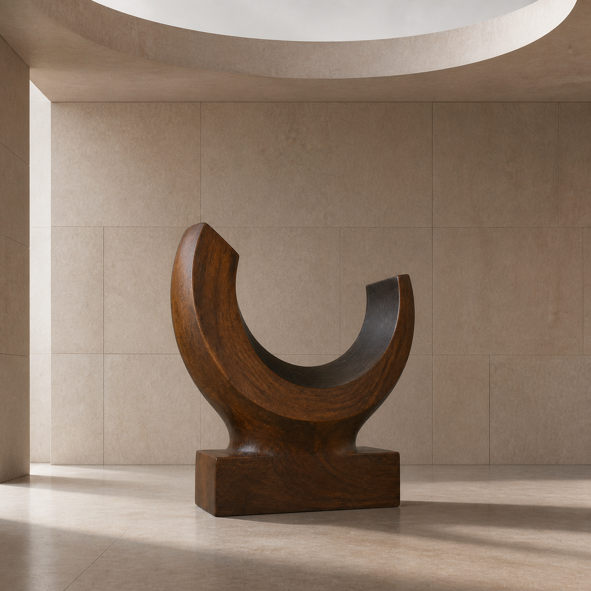 Lunar Yoke, abstract teak wood sculpture — interior view