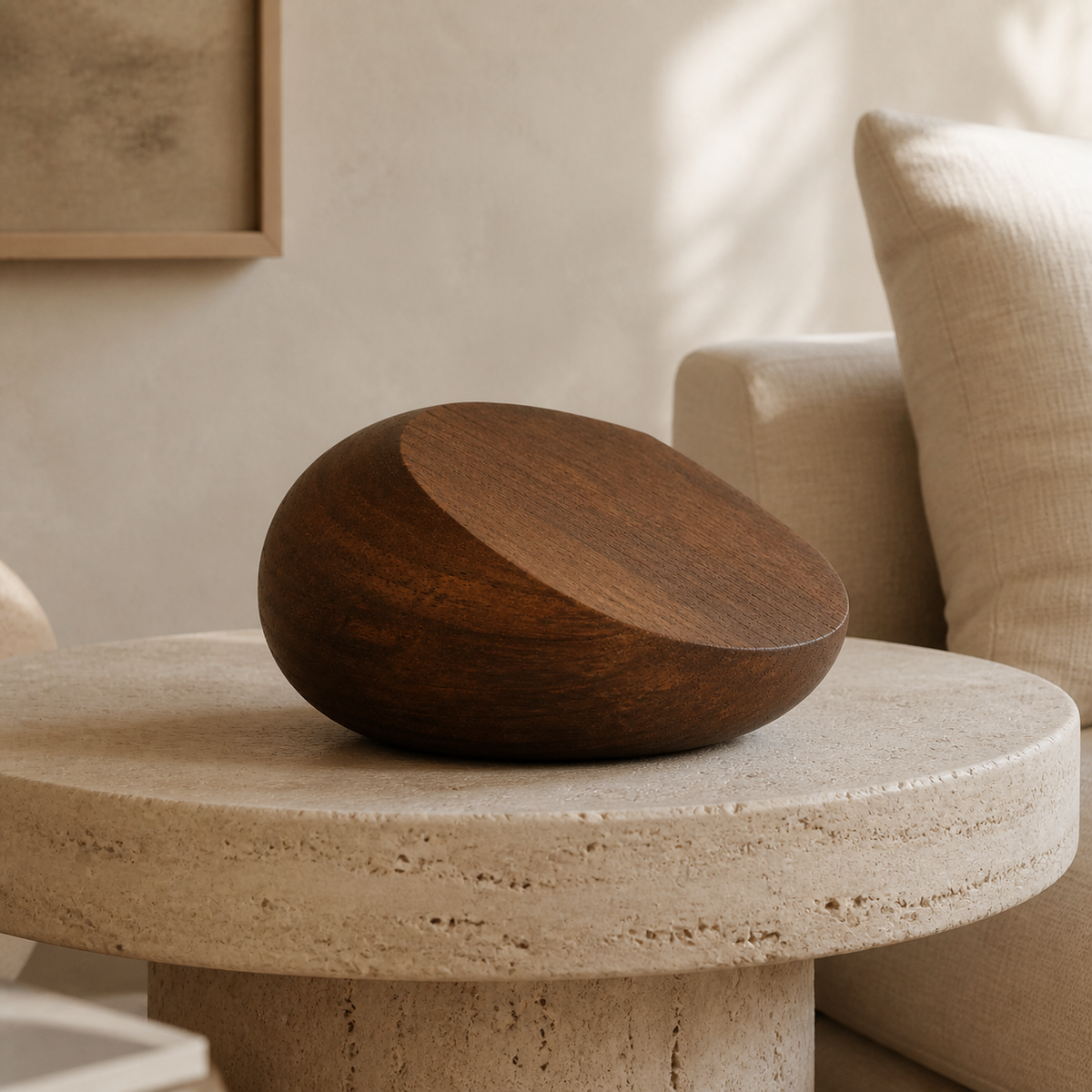 Oblique Stone, teak wood tabletop sculpture — interior view