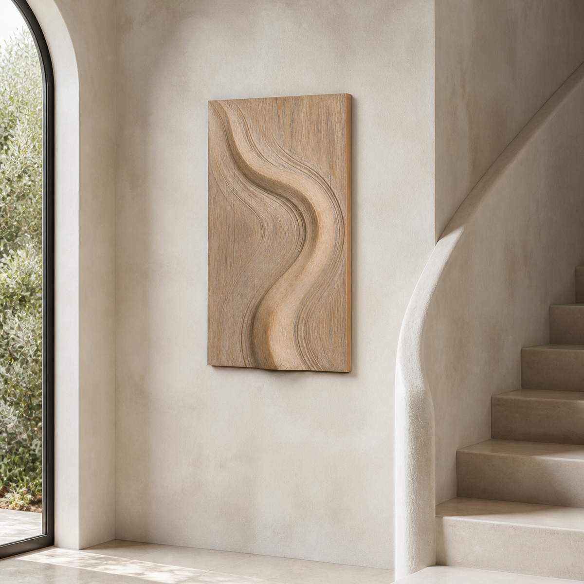 Folded Current Relief, carved teak wood wall art — interior view