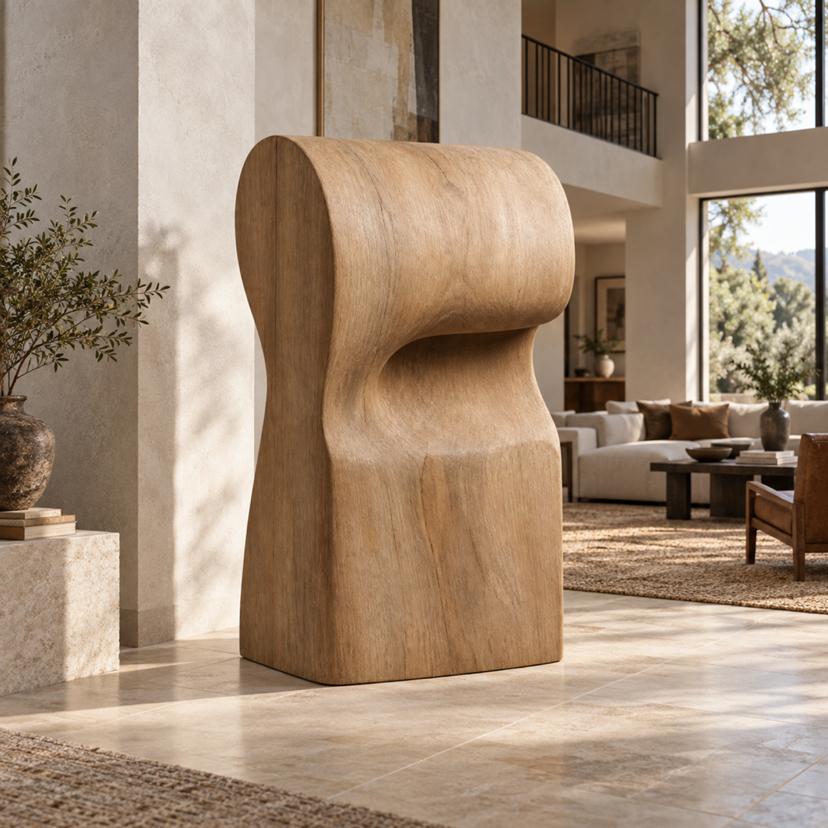 Overfold Column, teak wood floor sculpture — interior view