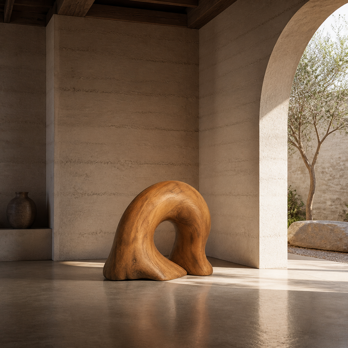 Rooted Arc, abstract teak wood sculpture — interior view