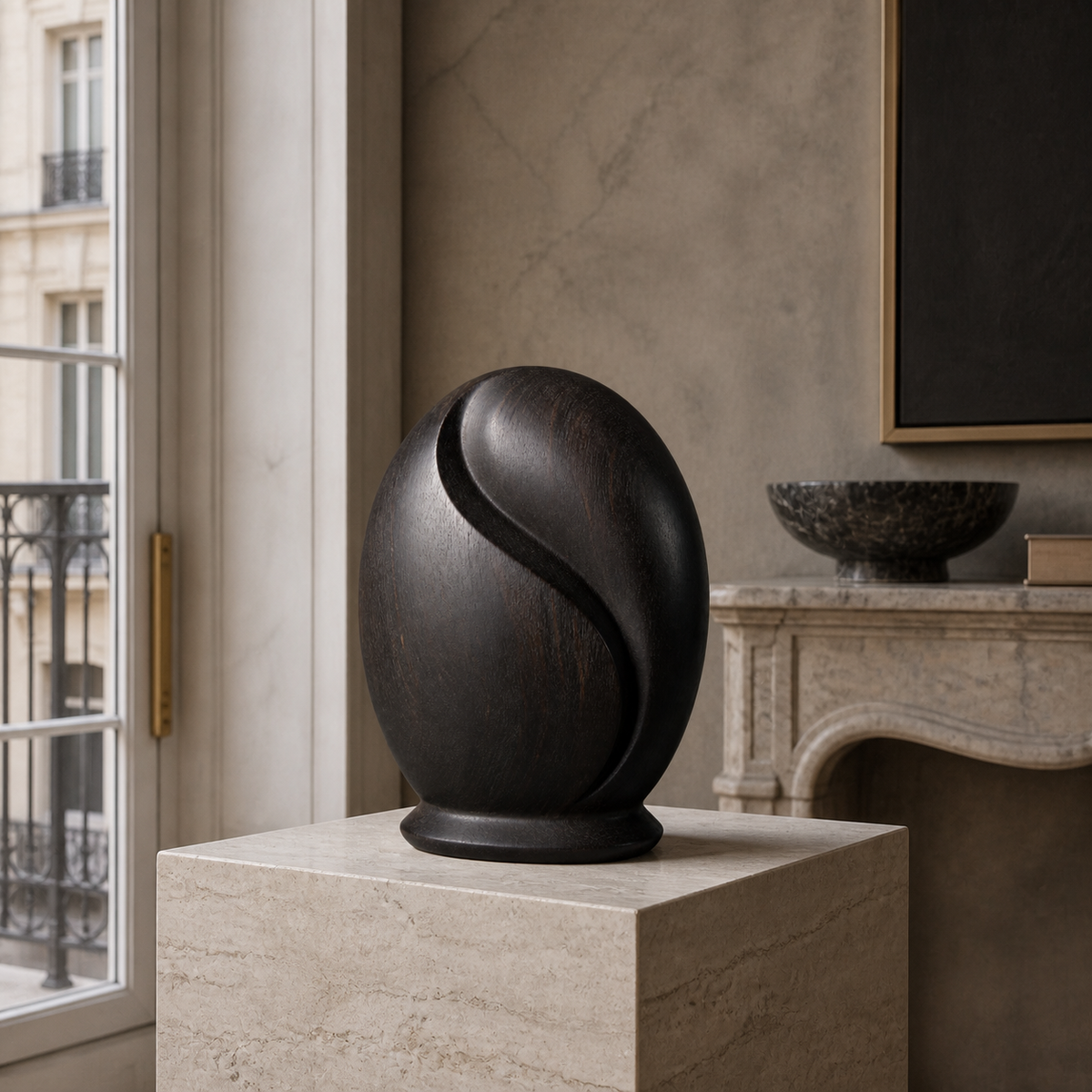 Folded Seed, abstract teak wood sculpture — interior view