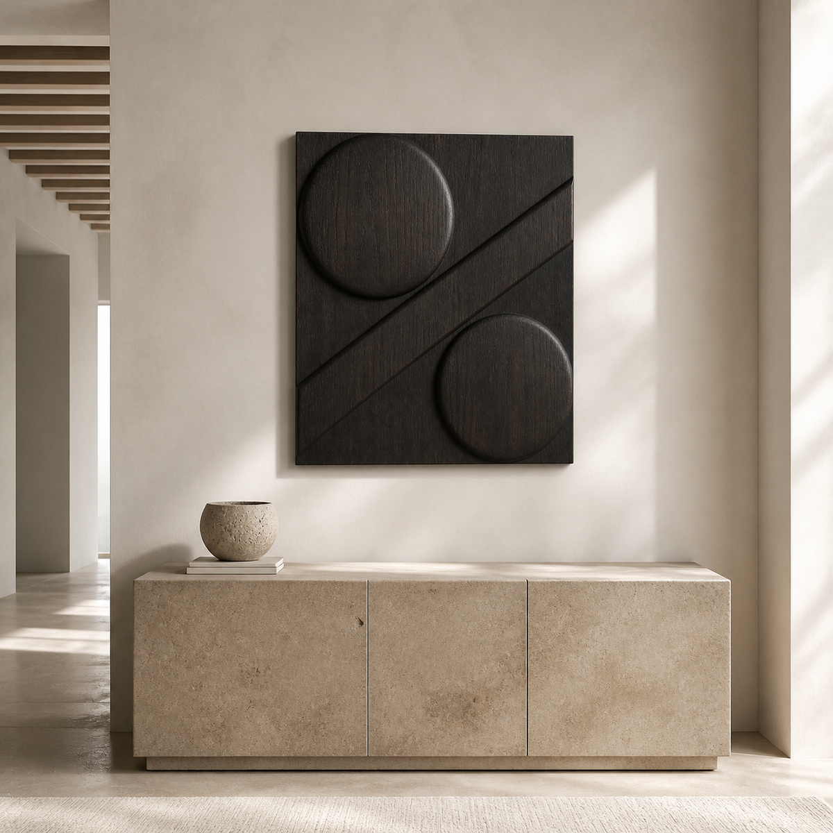 Eclipse Cut Relief, carved teak wood wall art — interior view