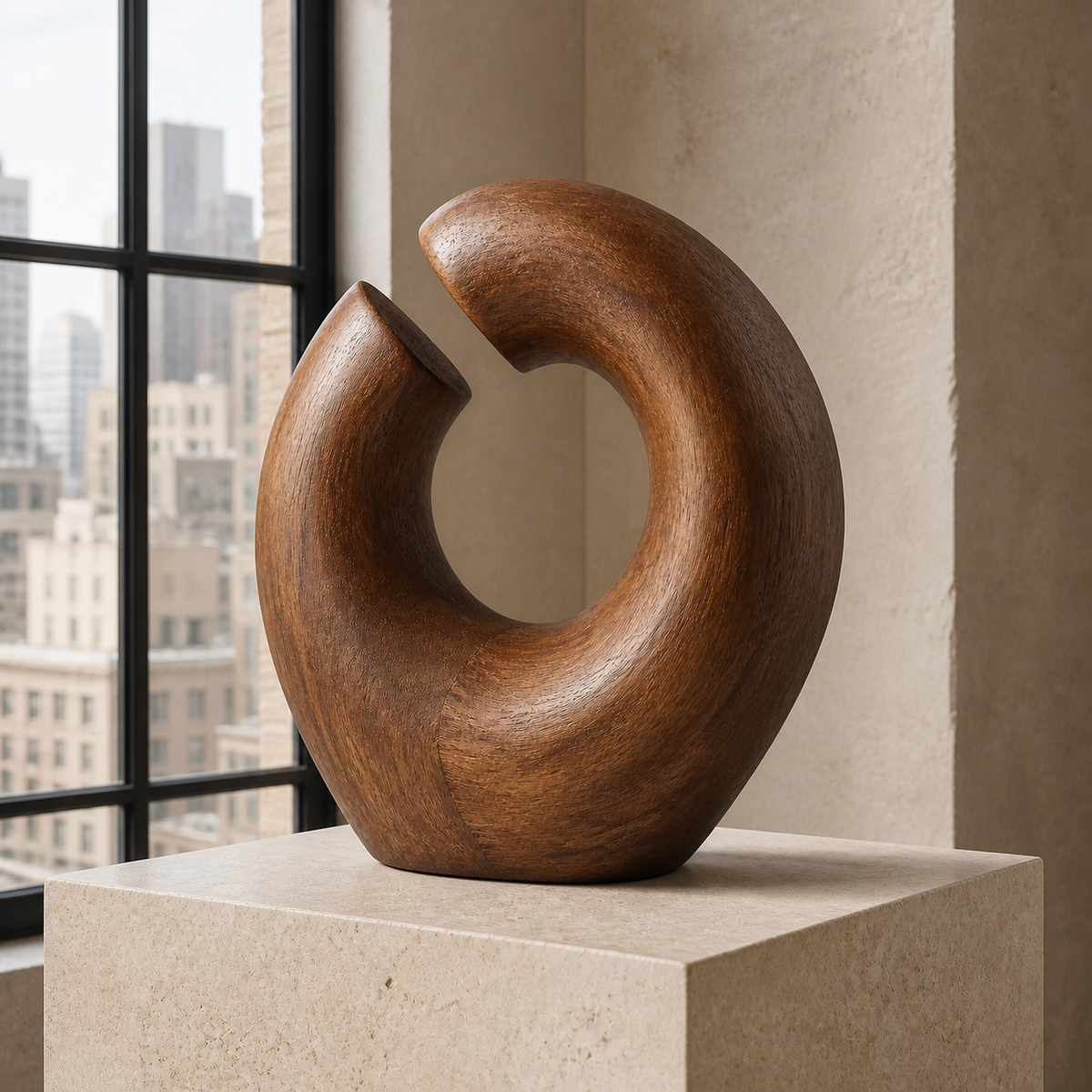 Severed Loop, teak wood tabletop sculpture — interior view