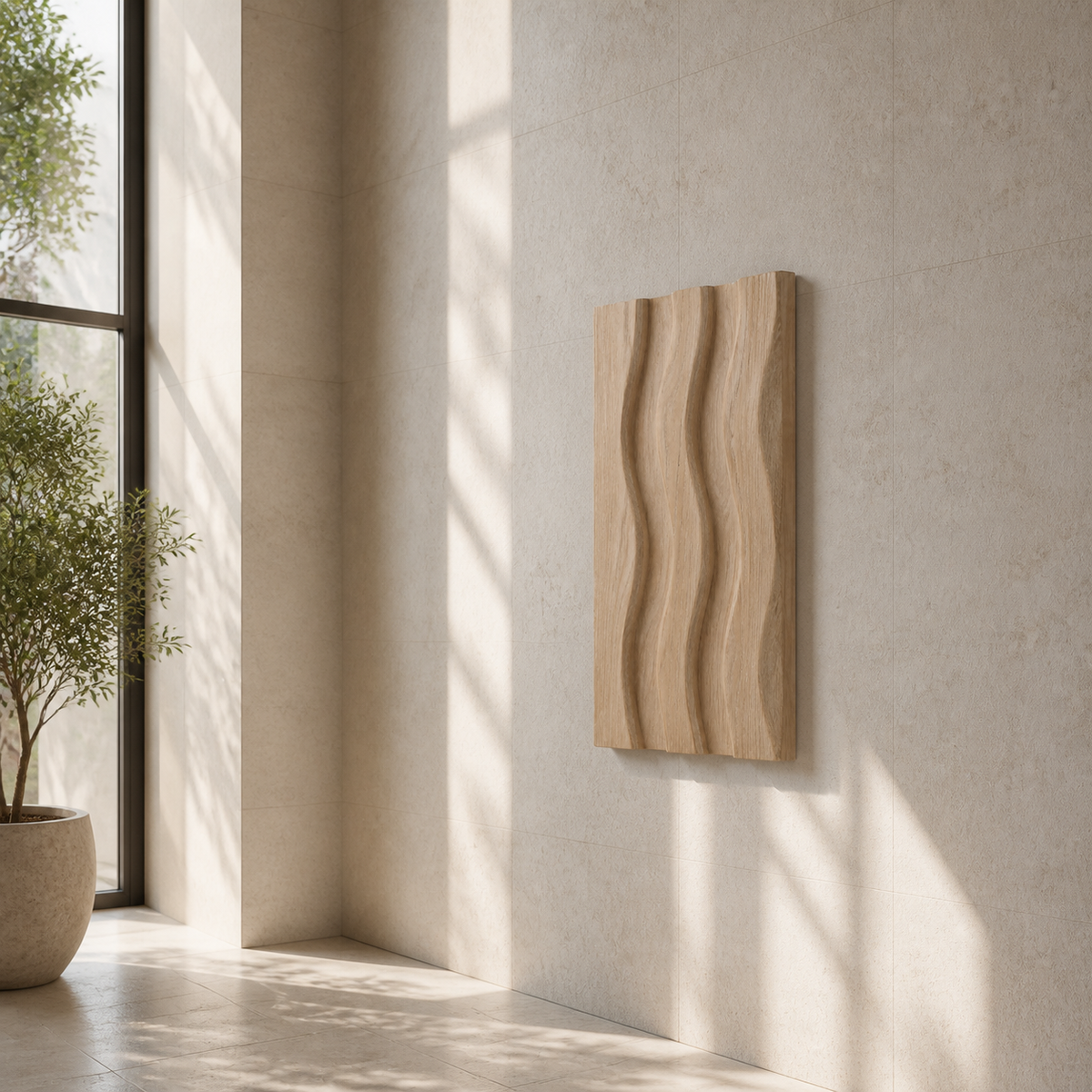 Vertical Tide Relief, carved teak wood wall art — interior view