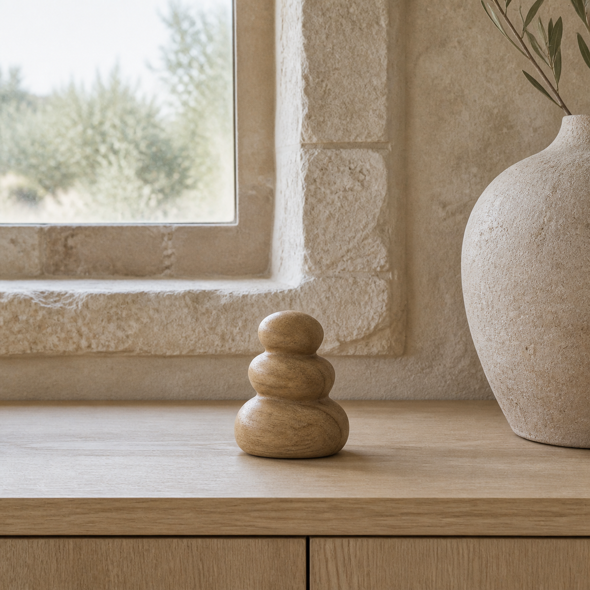 Palm Cairn, teak wood tabletop sculpture — interior view