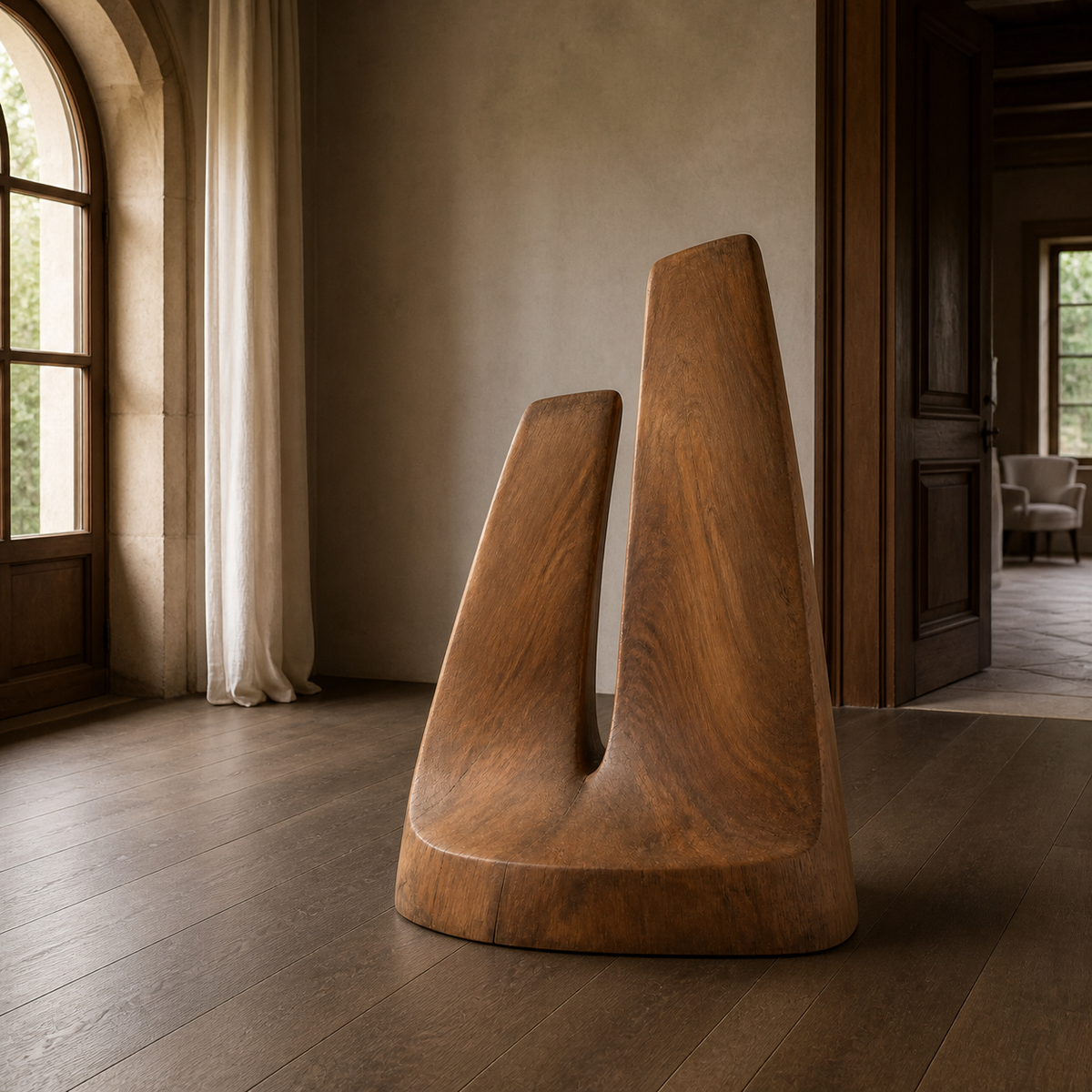 Inward Lean, teak wood floor sculpture — interior view