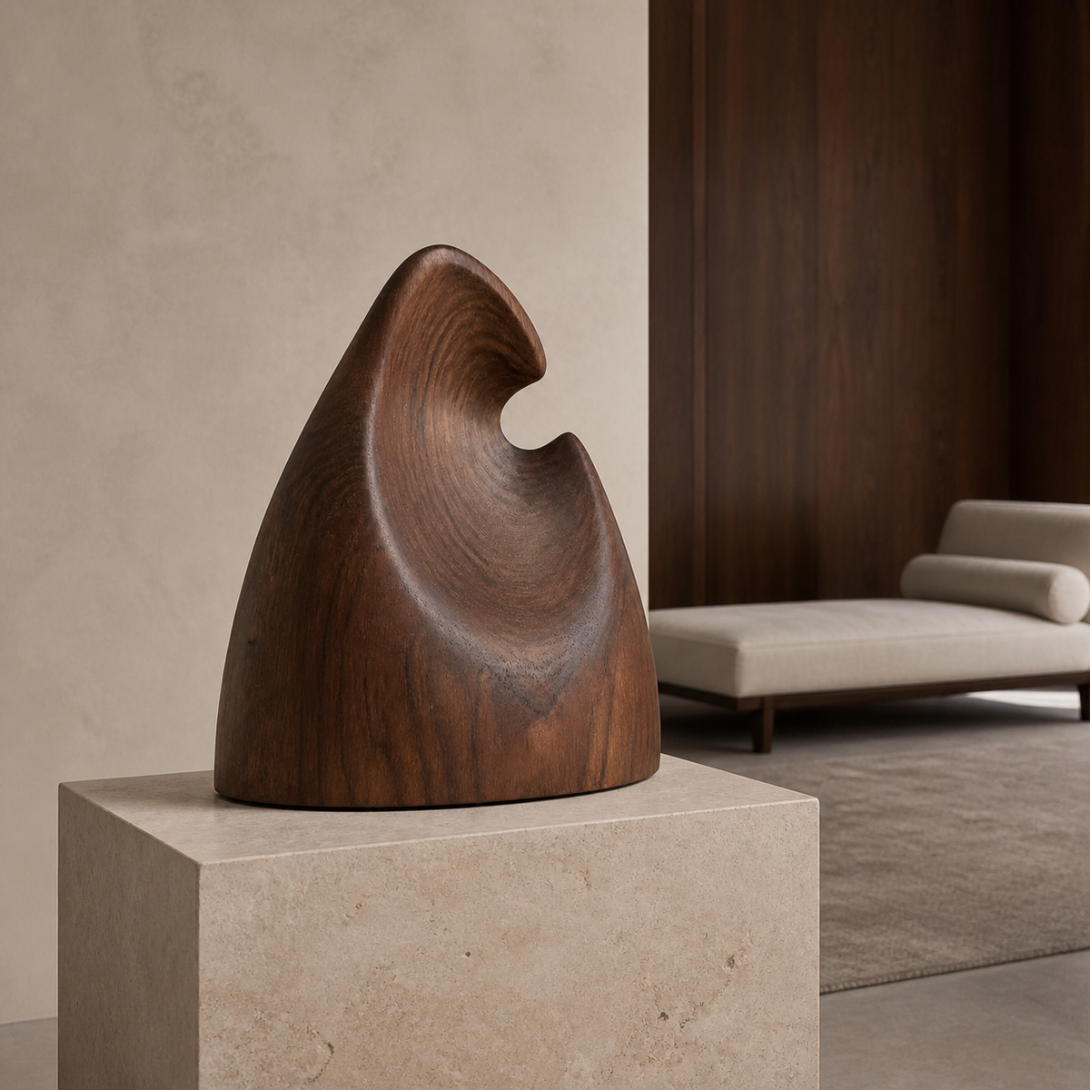 Inward Crest, abstract teak wood sculpture — interior view