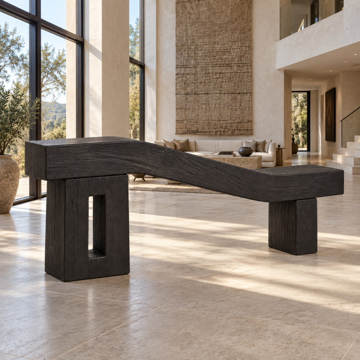 Cranked Beam, teak wood floor sculpture — interior view