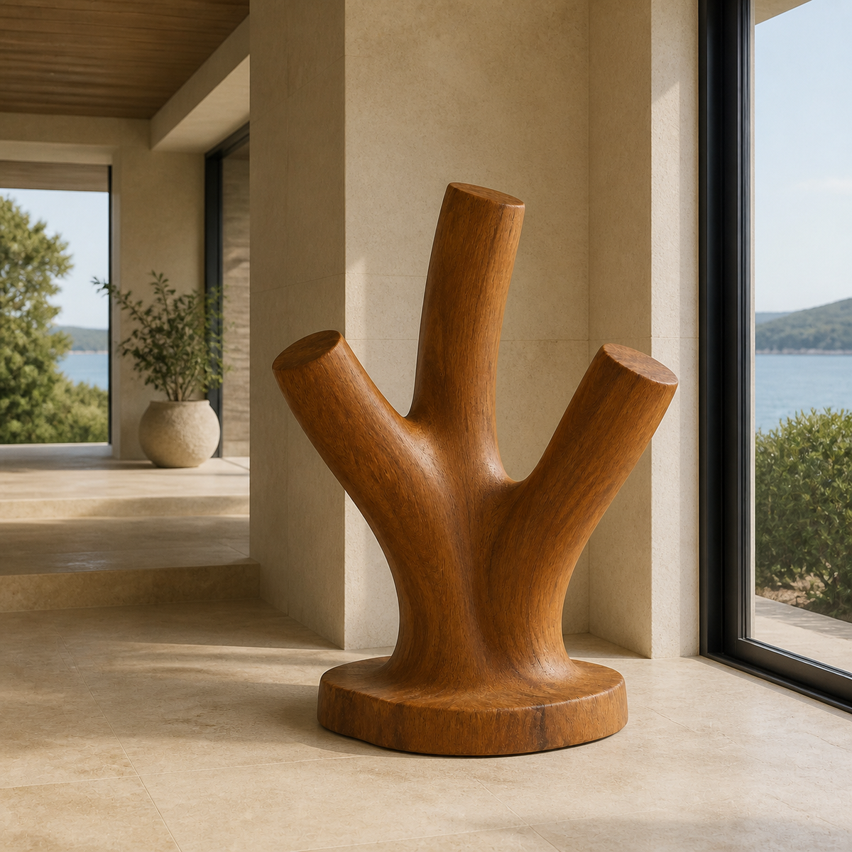 Triune Reach, teak wood floor sculpture — interior view