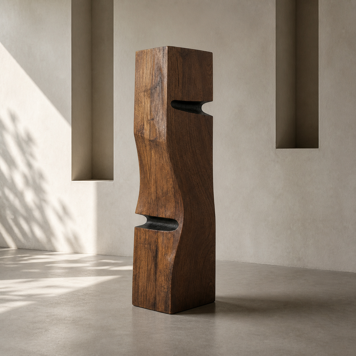 Crosscurrent Totem, teak wood floor sculpture — interior view