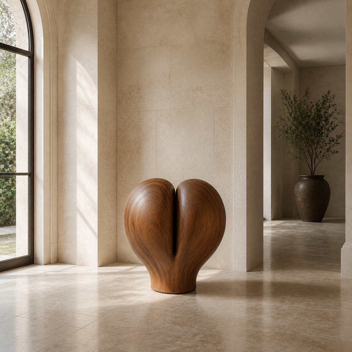 Split Bloom, abstract teak wood sculpture — interior view