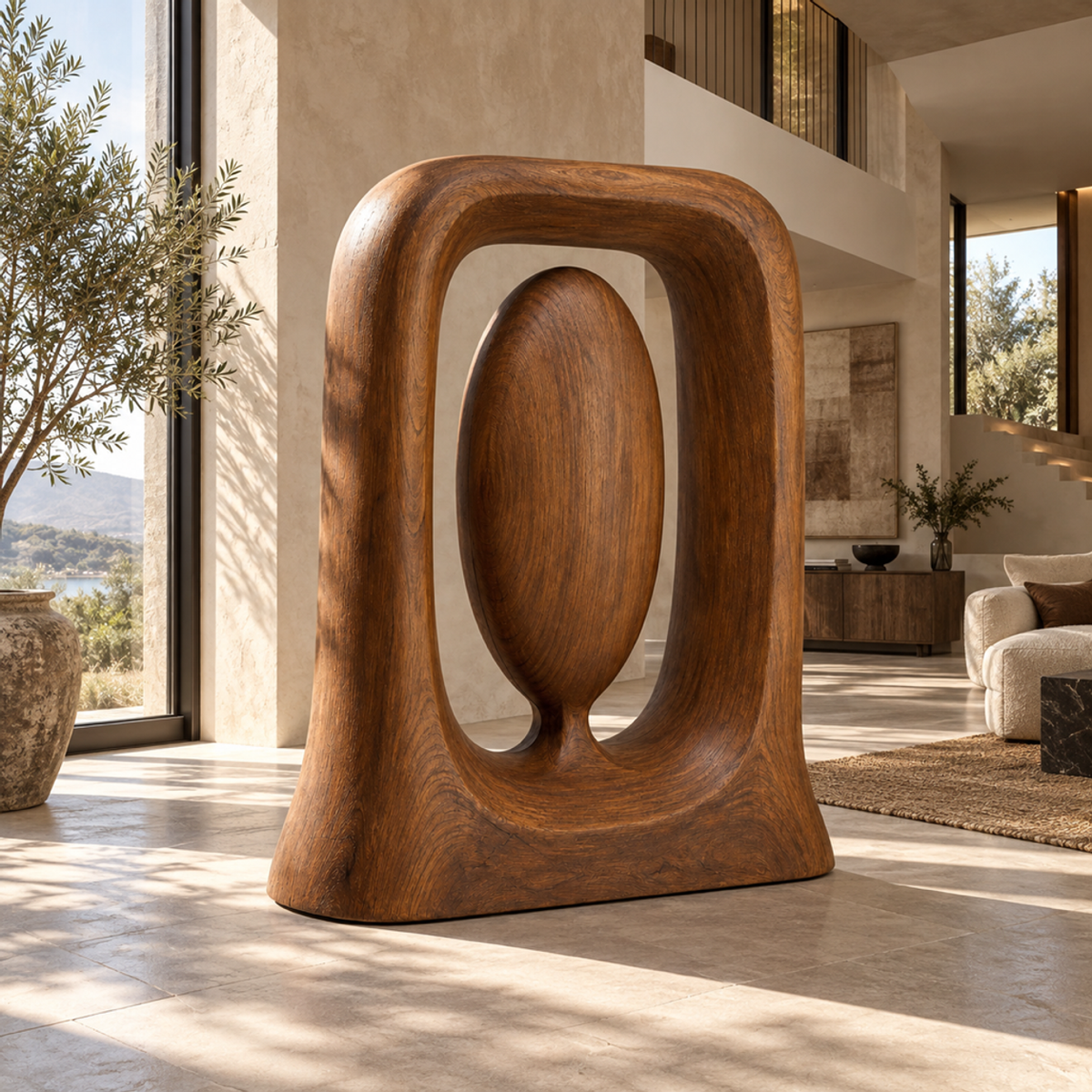 Suspended Core, teak wood floor sculpture — interior view
