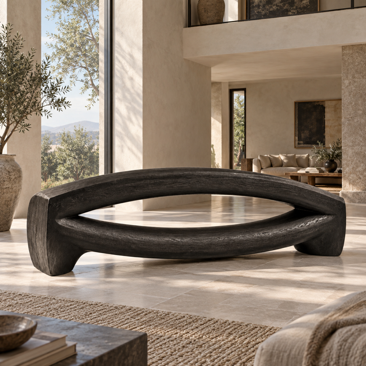 Bowed Traverse, teak wood floor sculpture — interior view