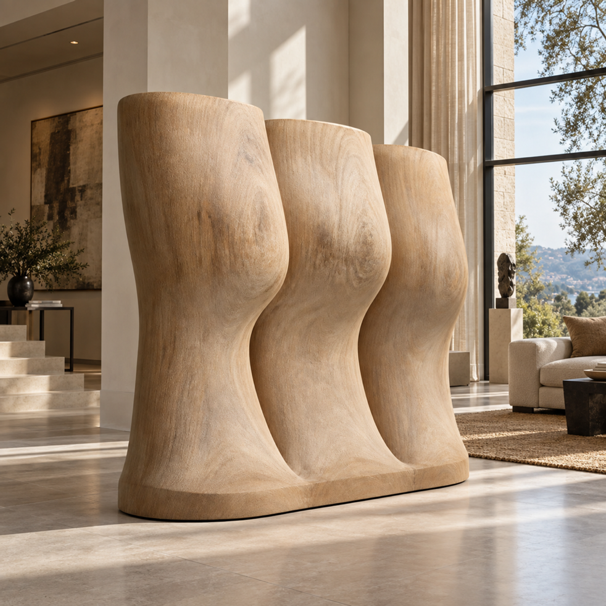 Lateral Drift, teak wood floor sculpture — interior view