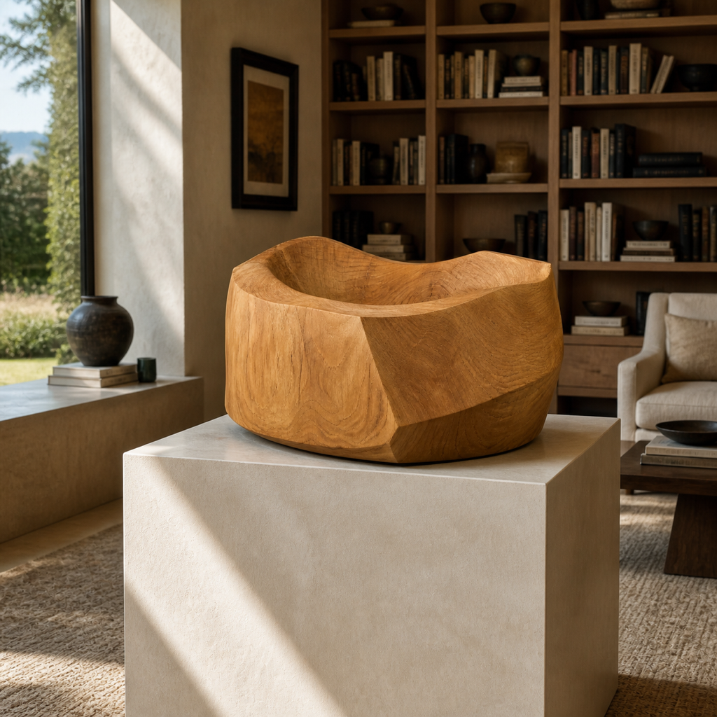 Caldera Plinth, abstract teak wood sculpture — interior view