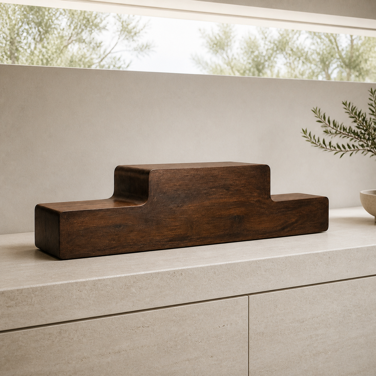 Folded Horizon Console, teak wood console sculpture — interior view