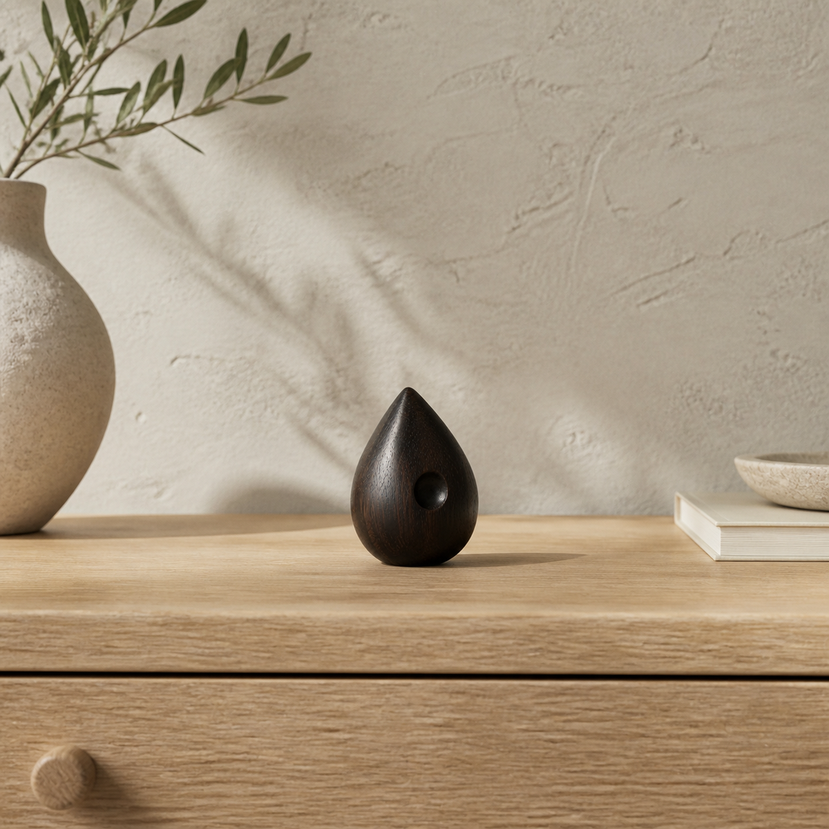 Quiet Seed, teak wood tabletop sculpture — interior view
