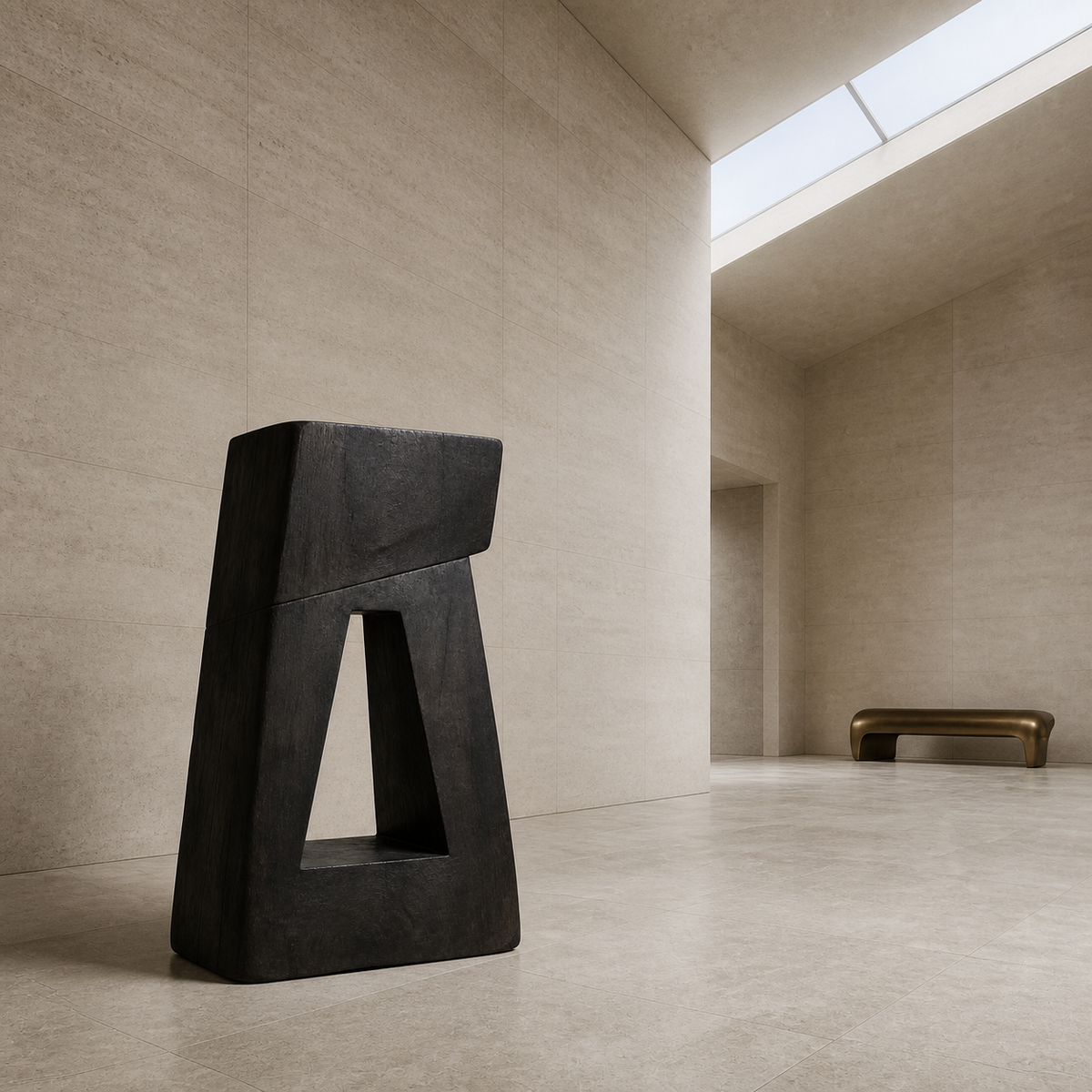 Sheared Portal, teak wood floor sculpture — interior view