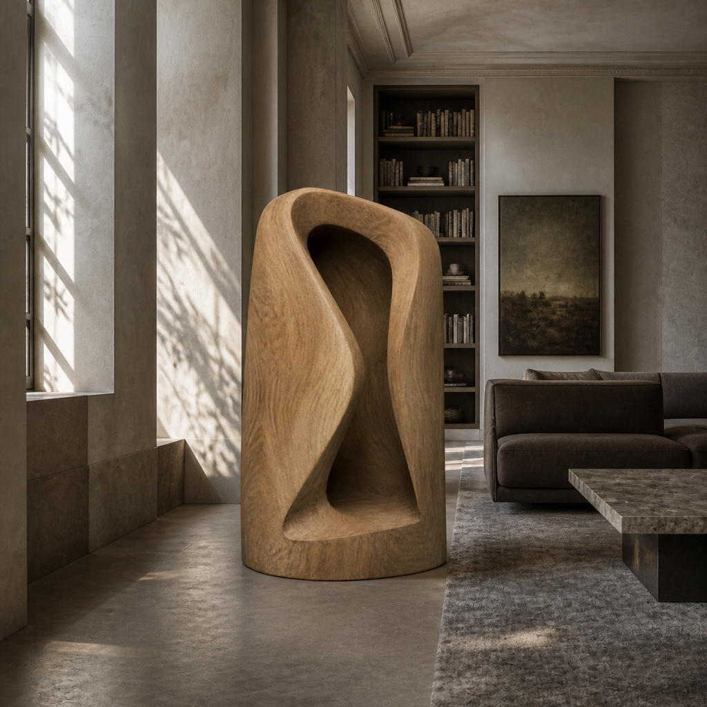 Hollow Fold, abstract teak wood sculpture — interior view
