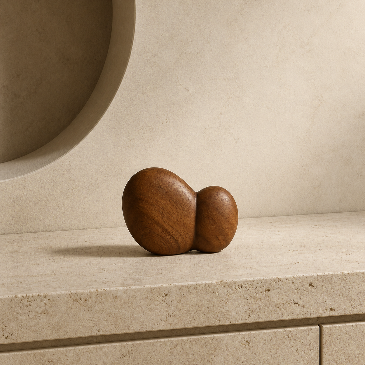 Twin Pebble, teak wood tabletop sculpture — interior view