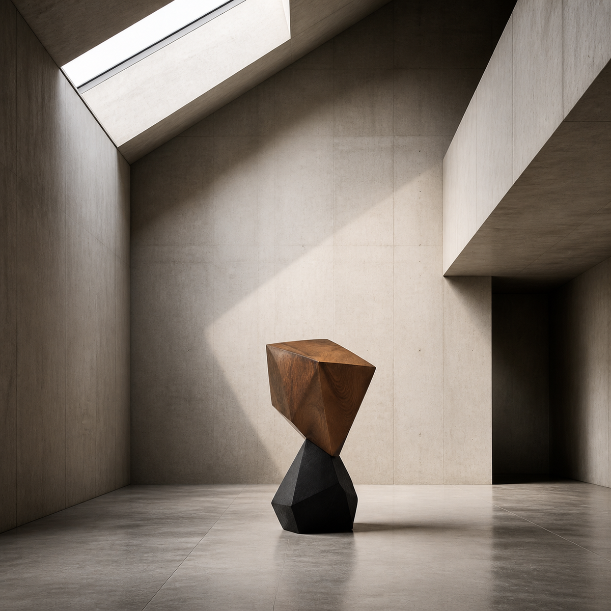 Prism Balance, abstract teak wood sculpture — interior view