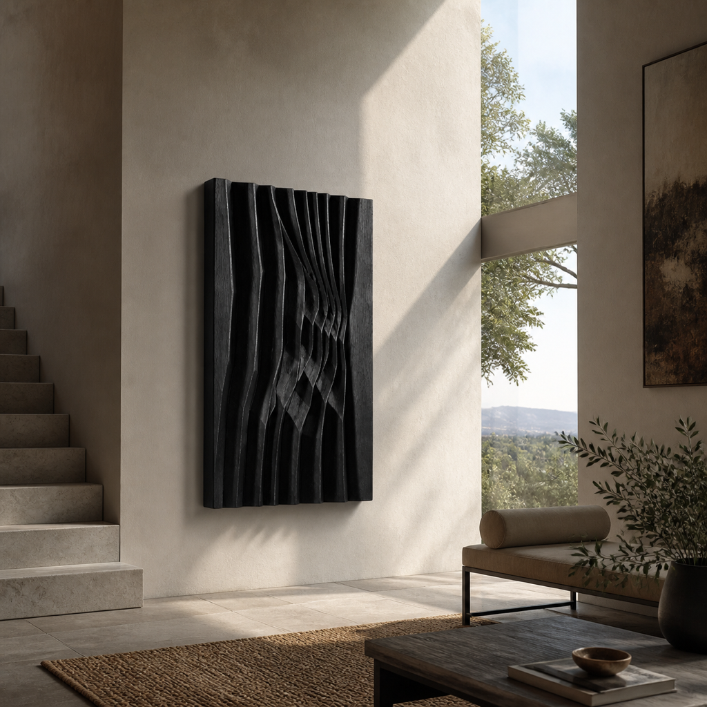 Meridian Relief, carved teak wood wall art — interior view