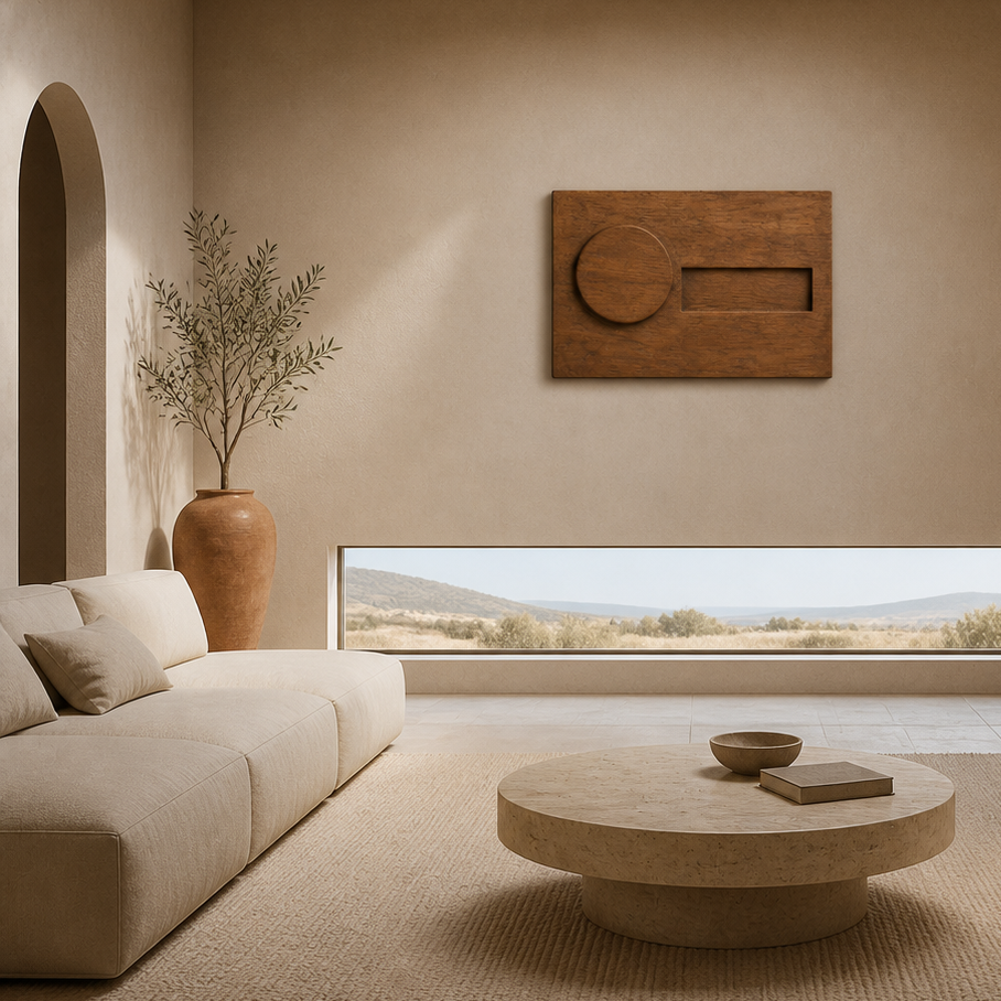 Counterweight Relief, carved teak wood wall art — interior view