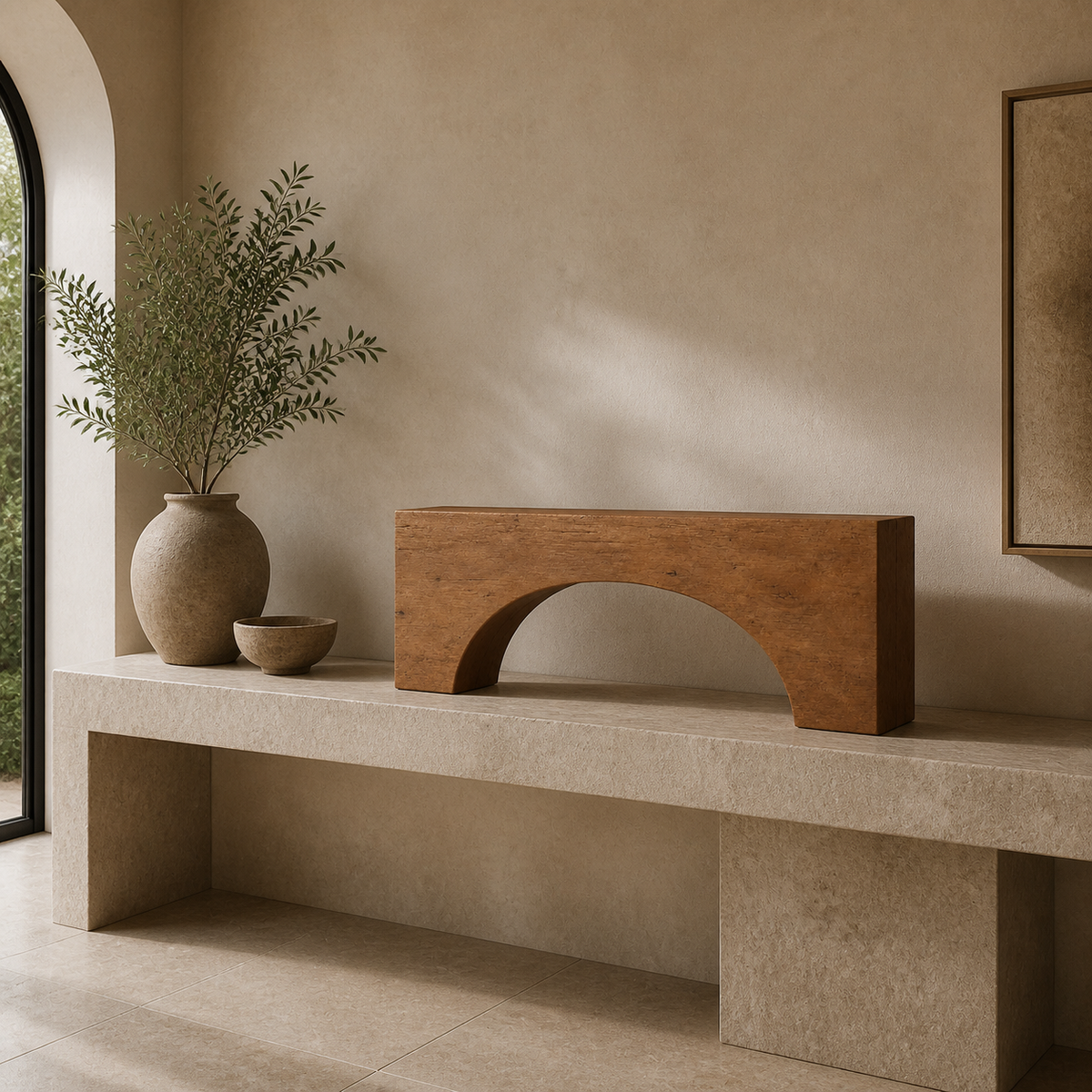 Bridge Trace, teak wood console sculpture — interior view