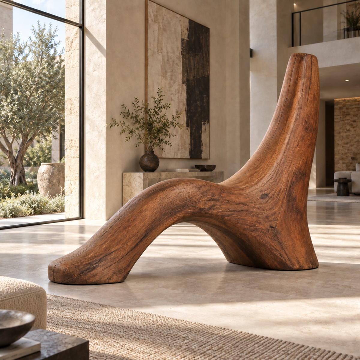Wave Buttress, teak wood floor sculpture — interior view