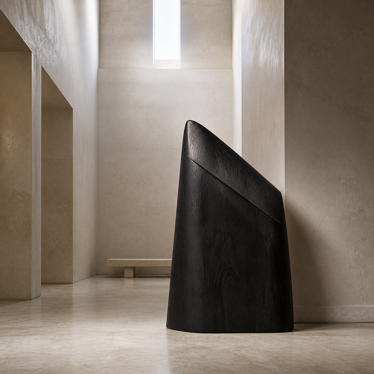 Quiet Buttress, teak wood floor sculpture — interior view