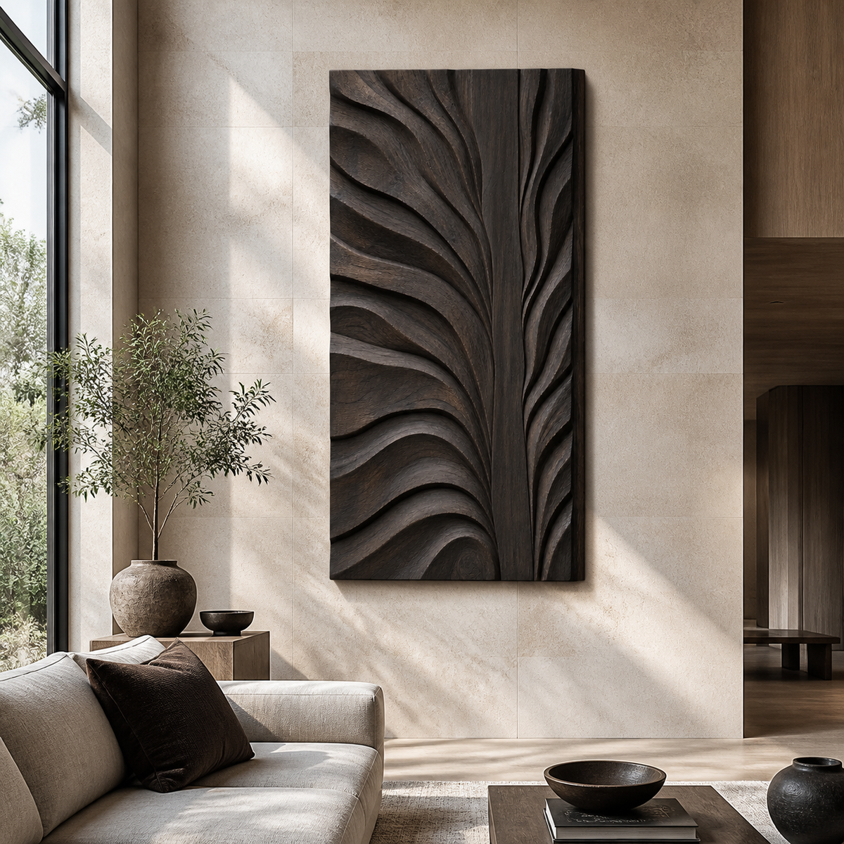 Confluence Relief, carved teak wood wall art — interior view