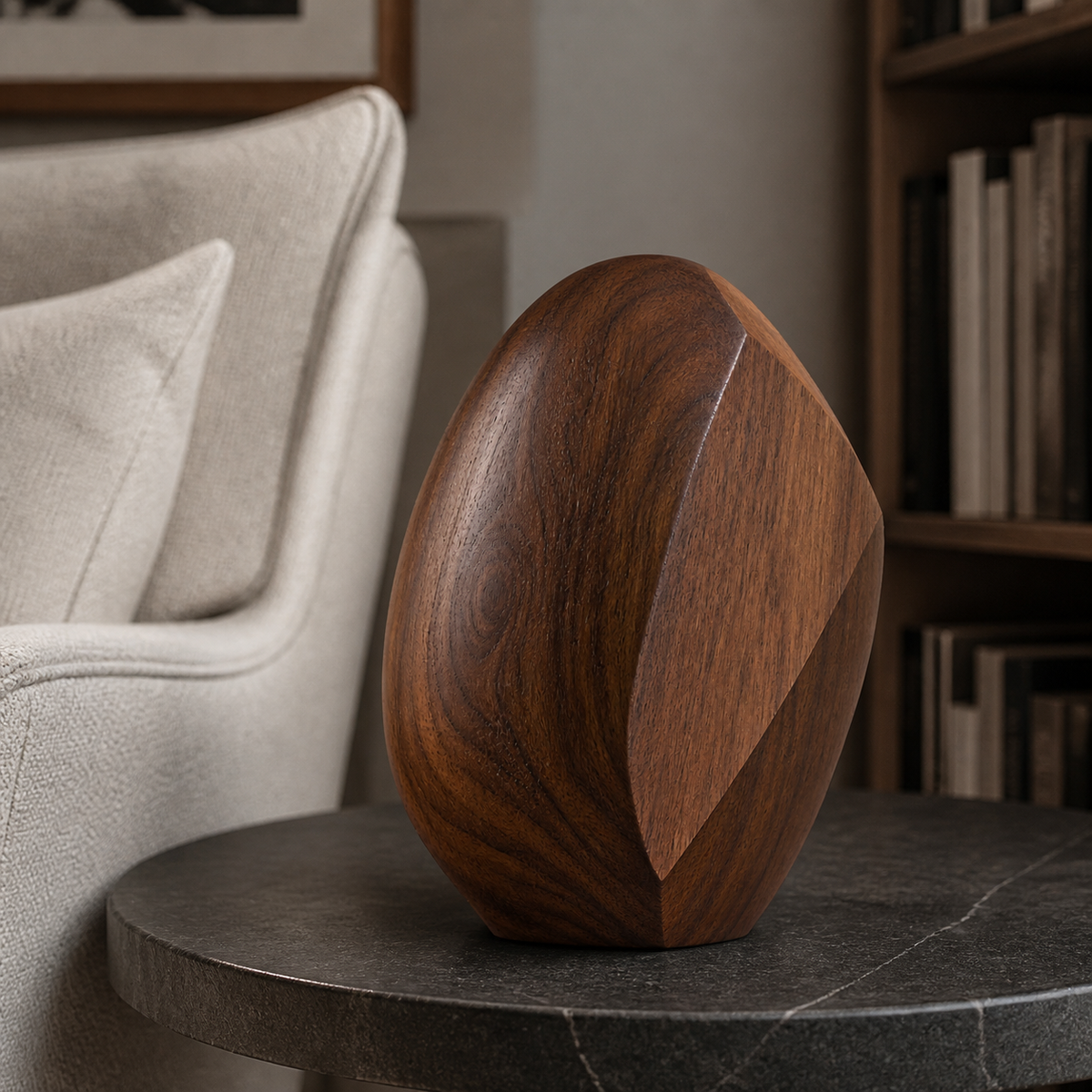 Facet Seed, teak wood tabletop sculpture — interior view