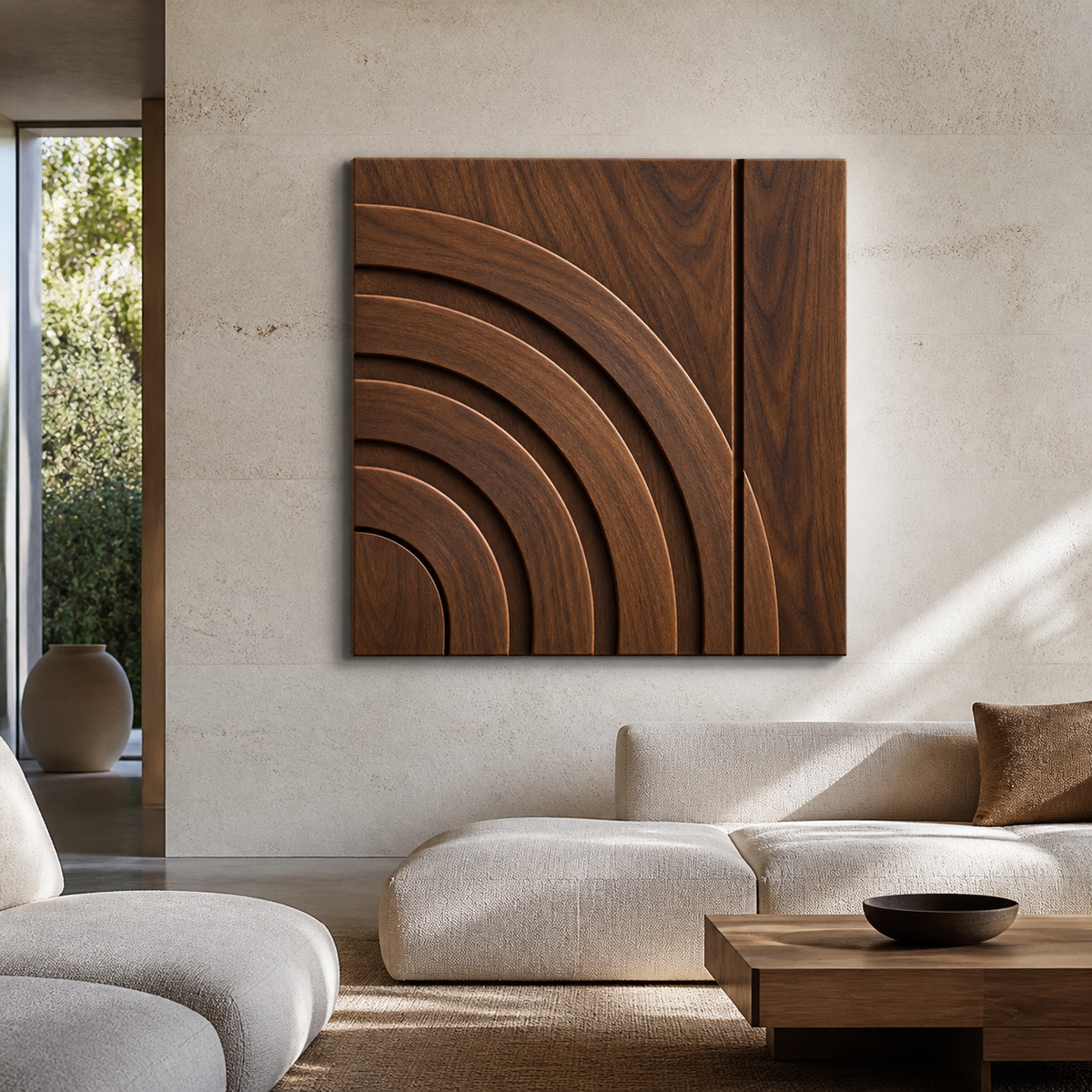 Solar Rift Relief, carved teak wood wall art — interior view