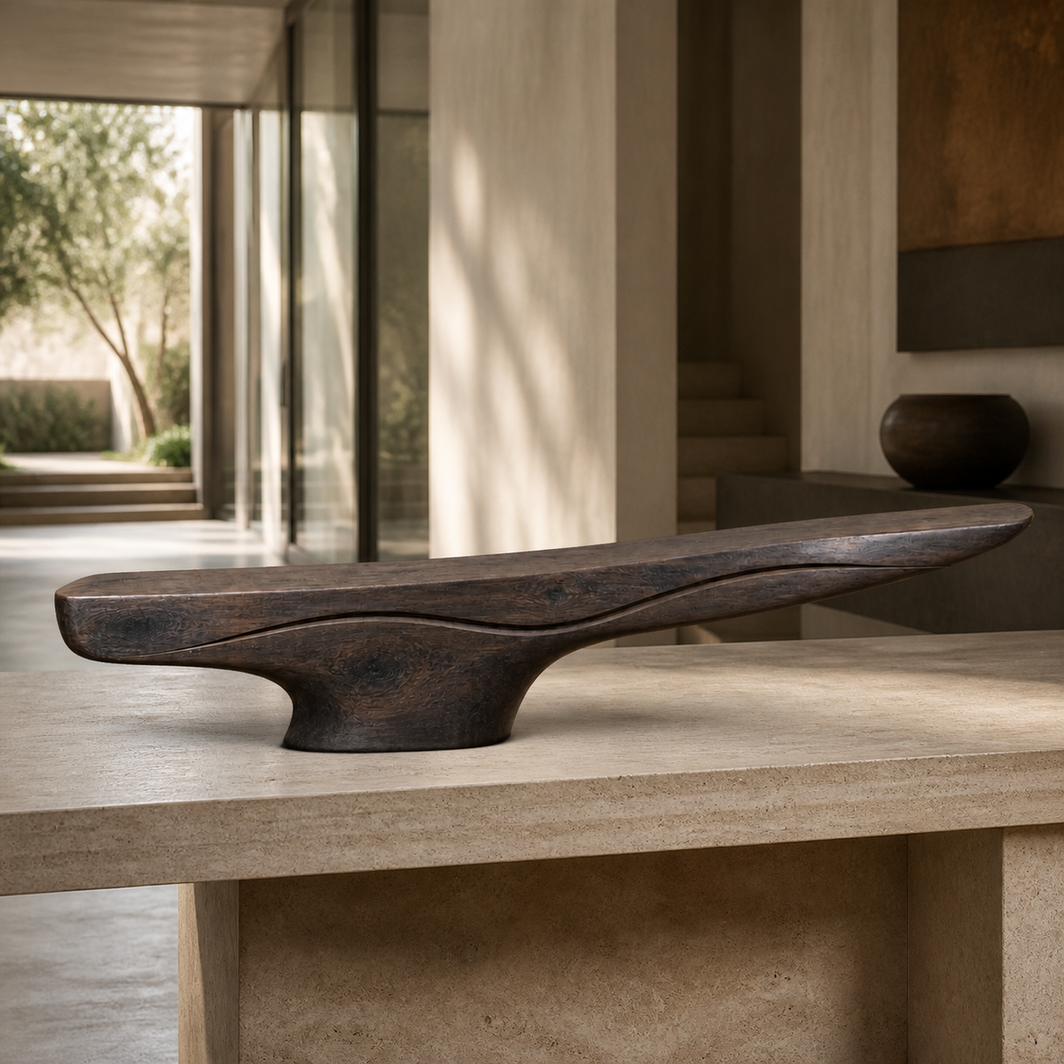 Lifted Current, teak wood console sculpture — interior view