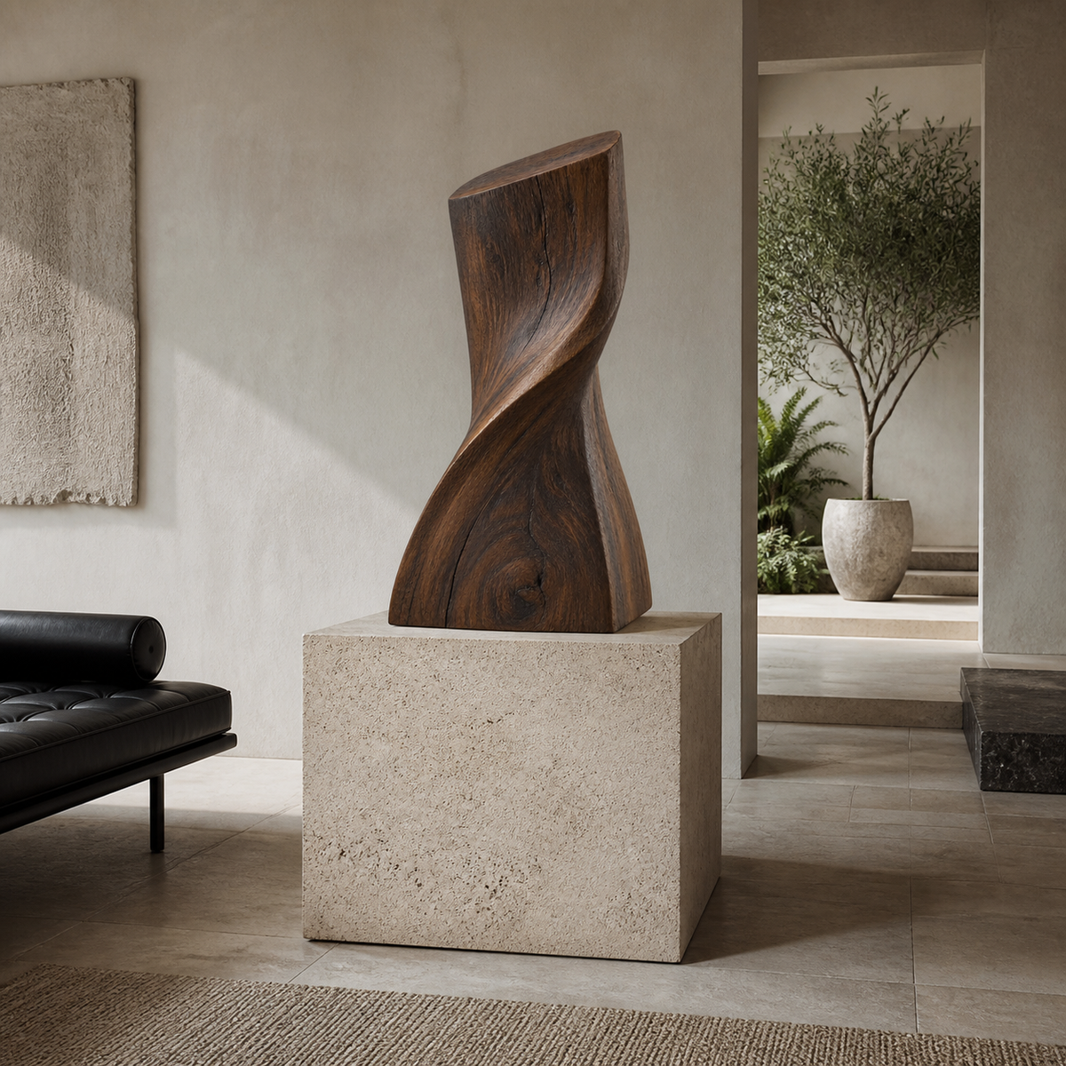 Quiet Torque, abstract teak wood sculpture — interior view