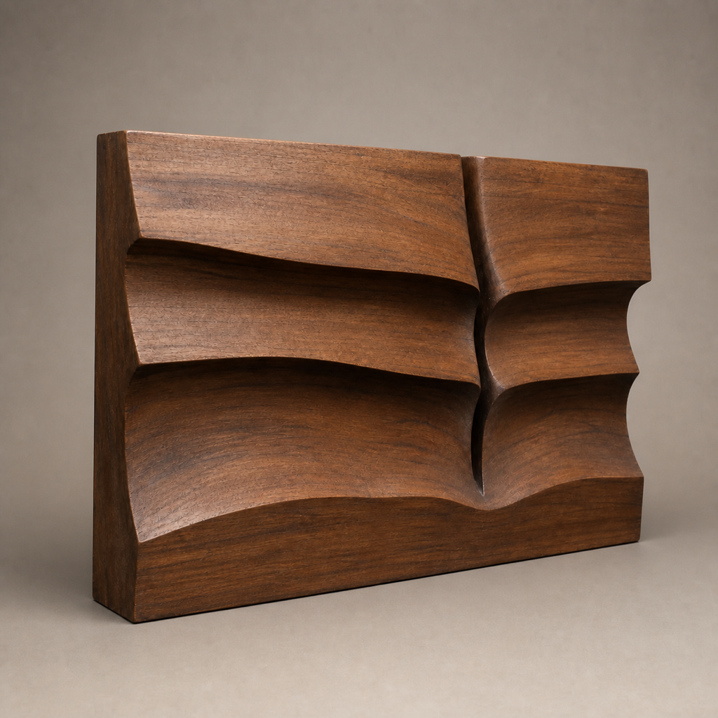 Strata Veil, carved teak wood wall art — three-quarter view